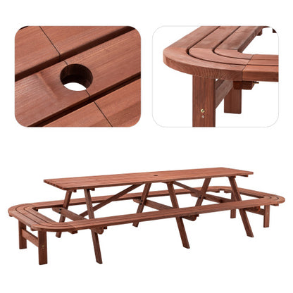 Brown Picnic Table with Benches for 14-16 Persons, Nearly 8-Foot Long Outdoor Wooden Rectangle Table for Patio, Garden, Backyard, Large Outside Dining Set with Umbrella Hole