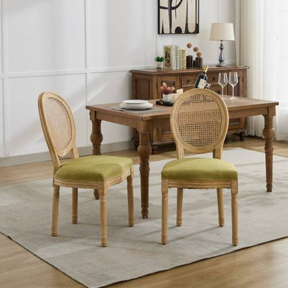 Set of 2 Olive Green French Solid Wood Rattan Back Dining Chairs, Antique Carved Frame 300 LBS Capacity