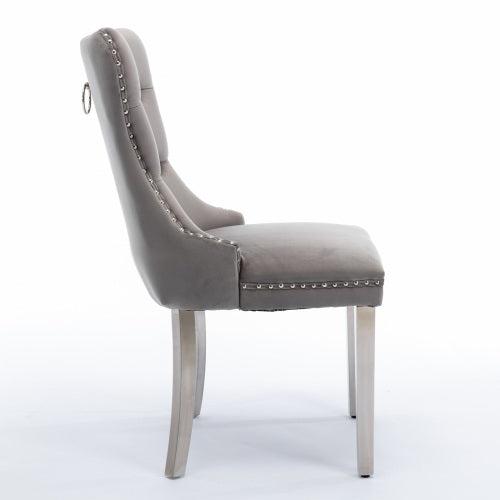 Single Gray & Chrome Tufted Velvet Dining Chair, Solid Wood Frame, Nailhead Trim, Chrome Plated Stainless Steel Legs