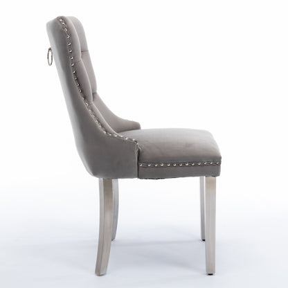 Single Gray & Chrome Tufted Velvet Dining Chair, Solid Wood Frame, Nailhead Trim, Chrome Plated Stainless Steel Legs