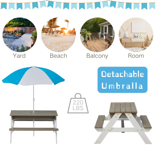 Wooden Kids Picnic Table, Sand and Water Table with Umbrella, Activity Table for Outdoor Backyard Patio Play