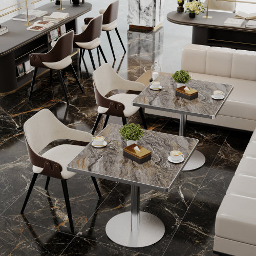 31.5 Inch Modern Snow Mountain Stone Dining Table, Square Tulip Table with Aluminum Alloy Trim & Gold Steel Base