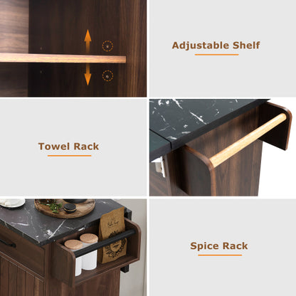 Walnut Brown Rolling Kitchen Island Cart With Trash Can Storage