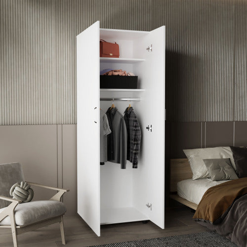 Armoire, Two Interior Shelves, Hanging Rod, Double Door, Clothes and Bedroom Storage, White