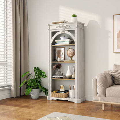 65-Inch Antique White 4-Tier Tall Bookcase for Living Room Office