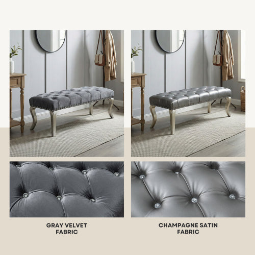 Decor Tufted Fabric Upholstered Bench Nailhead Trim , Gray