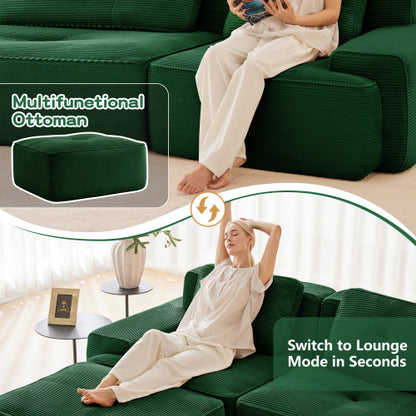 82 inch  Green L-Shaped Corduroy Modular Sofa, Movable Ottoman, No Assembly Required
