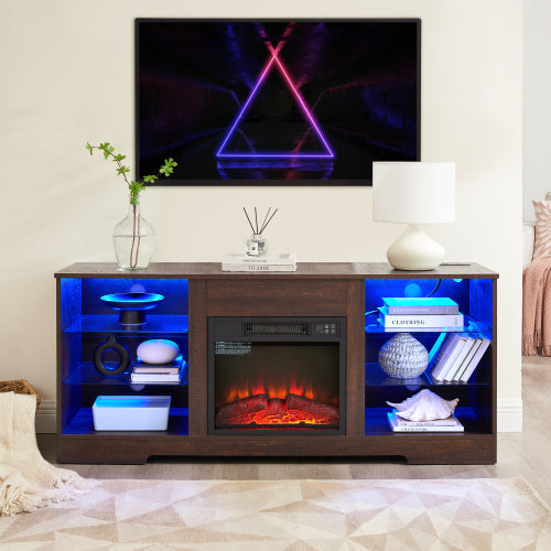 58 Inch Black Electric Fireplace TV Cabinet Bluetooth APP Controlled RGB LED Light Media Stand with Charging Ports for 62 Inch TV