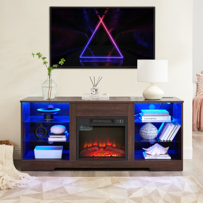 58 Inch Black Electric Fireplace TV Cabinet Bluetooth APP Controlled RGB LED Light Media Stand with Charging Ports for 62 Inch TV