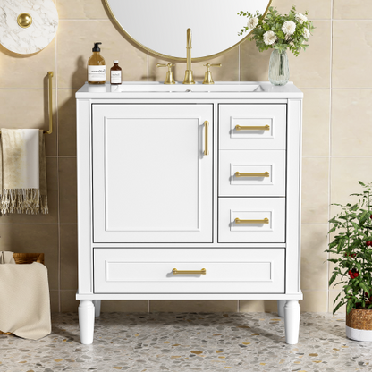 30" Bathroom Vanity with Ceramic Sink, Soft-Close Door with Built-in Shelf, Deep Drawer, Standard Drawer, Long Divider Drawer, Ample Storage Cabinet for Bathroom, Modern & Functional Design