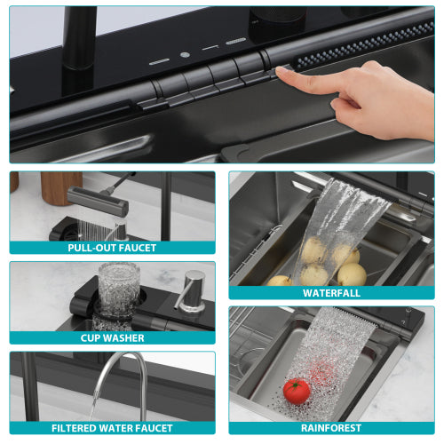 30" Kitchen Sink Waterfall Sink - 30 x 19 x 9 inch Multifunction Single Bowl 16 Gauge Stainless Steel Ledge Workstation Smart Digital Features Top Mount Kitchen Sinks