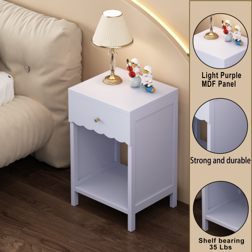 Modern  Nightstand with Drawer and Open Shelf,Scalloped Edge Bedside Table for Bedroom, Cute Minimalist Side Table for Kids Room or Girls' Room,Light Purple