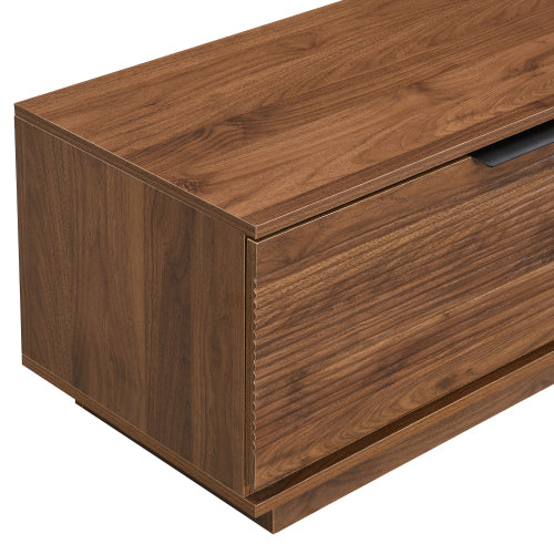 78.74 inch Walnut Fluted Glass Door Legless TV Stand 2 Drawer Media Console Supports Up To 85 inch TV