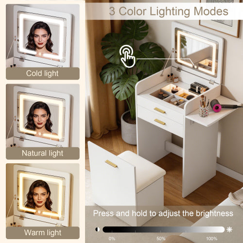 Flip-top Vanity Table,Compact/Mini Vanity,Mirror-integrated Dressing Table,All-in-one Storage Cabinet,Makeup Vanity Set with Stool