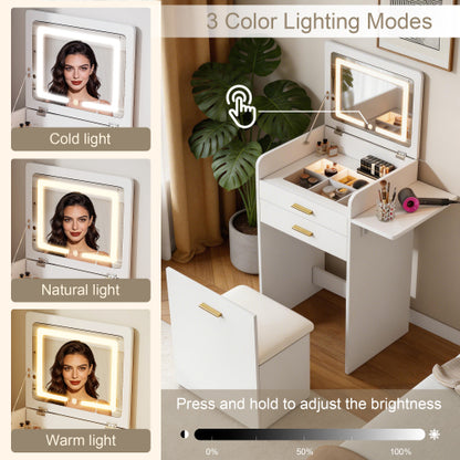 Flip-top Vanity Table,Compact/Mini Vanity,Mirror-integrated Dressing Table,All-in-one Storage Cabinet,Makeup Vanity Set with Stool