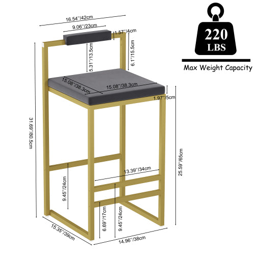 2-Pack Gray Velvet Bar Stools, Gold Metal Frame with Footrest
