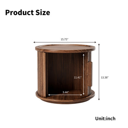 2 Pack Walnut Nesting Round Tables, Fluted Roman Column Design with Sliding Door