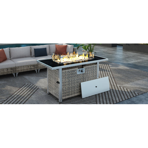 43 Propane Gas Fire Pit Table, 60000 BTU Rectangular Open Weave Wicker Fire Pit with Glass Wind Guard for Outside Patio Deck Garden Backyard