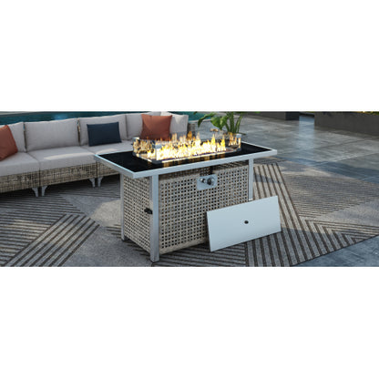 43 Propane Gas Fire Pit Table, 60000 BTU Rectangular Open Weave Wicker Fire Pit with Glass Wind Guard for Outside Patio Deck Garden Backyard