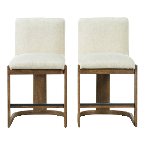Modern Bar Stools Set of 2, 24inch Solid Wood Counter Height Barstools, Linen Upholstered Kitchen Island Chair With Walnut-Finished Wood Legs for Home Bar Coffee Shop,Beige
