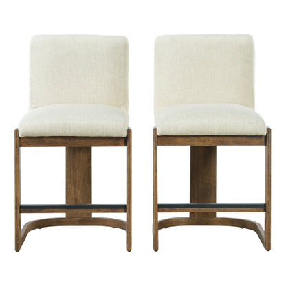 Modern Bar Stools Set of 2, 24inch Solid Wood Counter Height Barstools, Linen Upholstered Kitchen Island Chair With Walnut-Finished Wood Legs for Home Bar Coffee Shop,Beige