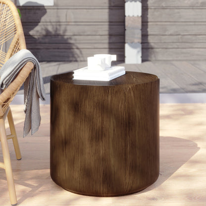 19.29"H Round Outdoor Indoor Side Table, Modern Wood Grain Patio Garden Stool, Sturdy MGO (Magnesium Oxide) Waterproof, No-Assembly Table for Patio, Garden, Backyard, Living Room (Brown)