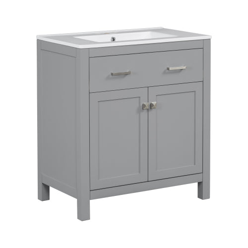 30" Bathroom Vanity with Ceramic Sink, Modern Gray Single Bathroom Cabinet with 2 Doors and a Shelf, Soft Close Doors