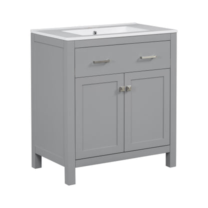 30" Bathroom Vanity with Ceramic Sink, Modern Gray Single Bathroom Cabinet with 2 Doors and a Shelf, Soft Close Doors