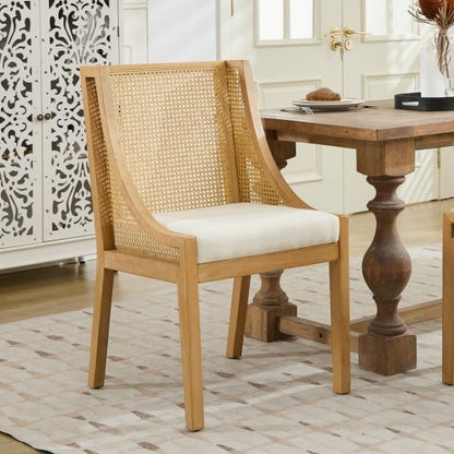 Single Beige Rattan Dining Chair, Solid Wood Frame with Decorative Armrest, Linen Upholstered Seat, Rustic Side Chair for Kitchen & Living Room