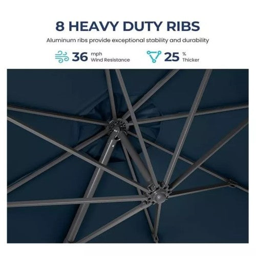 11 Ft Blue Round Large Cantilever Patio Umbrella with 360° Rotation & Tit Adjustment and Heavy Duty Offset Polyester Canopy Deck Umbrella.