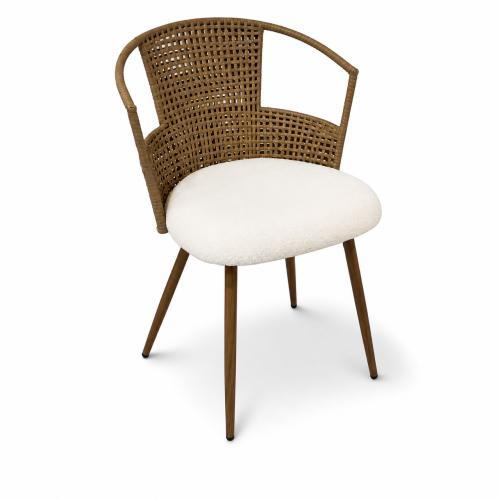 PE Rattan Dining Armchairs with Teddy Seats, Set of 2, Beige/Brown