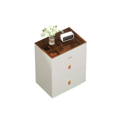 3-Drawer 30'' Nightstand with  LED Light, Modern Nightstand with 3 Storage Drawers, Bedside Table with Glass Top Jewelry Storage and Faux Leather Handles for Bedroom, Livingroom, Cloakroom, White