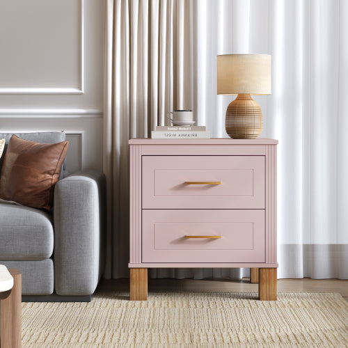 Pink Fluted Nightstand, 2-Drawer Bedside Table with Metal Handles & Solid Wood Legs