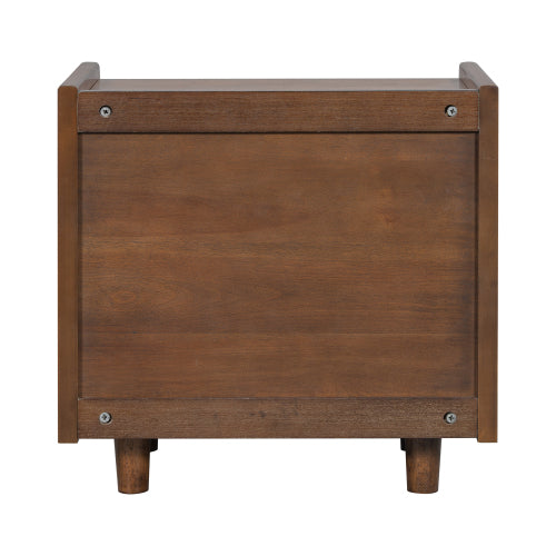 Walnut Nightstand with Rattan Detail, MDF + Solid Wood, Modern Bedroom Storage, Open Shelf & Drawer, Indoor Furniture