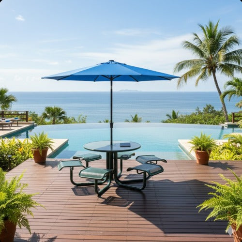 11 Feet Blue Solar LED Patio Umbrella with Crank Lift , Tilt * 8 Ribs, UV-Resistant Canopy for Pool, Backyard & Patio (Without base)