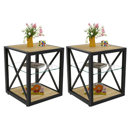 Set of 2 Modern End Table Nightstand for Bedroom & Living Room, Tempered Glass & Natural Wood MDF Top , Industrial Style Side Table