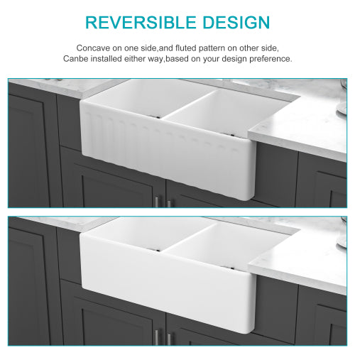 White Farmhouse Sink - 33 x 20 x 10 inch White Ceramic Porcelain Double Bowl Reversible Design Farm Kitchen Sink