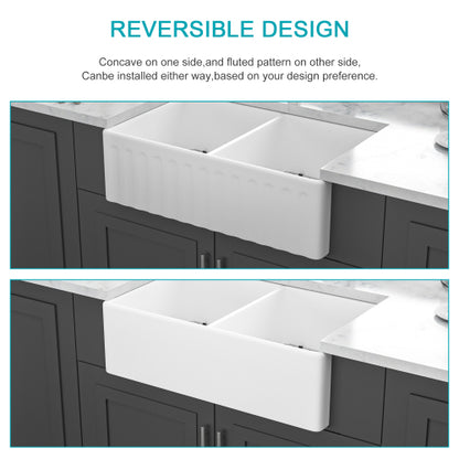 White Farmhouse Sink - 33 x 20 x 10 inch White Ceramic Porcelain Double Bowl Reversible Design Farm Kitchen Sink