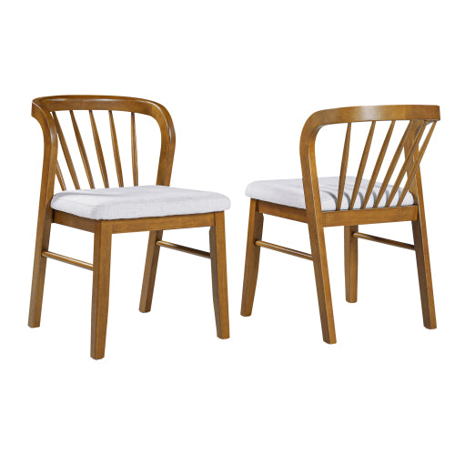 Set of 2 Mid-Century Rubber Wood Dining Chairs, Windsor Spindle Back, Walnut Frame + Beige Upholstered Seat, 275lbs