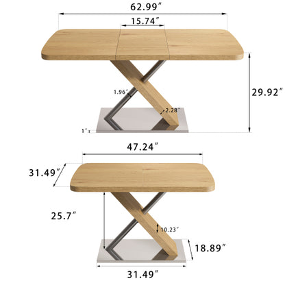 47.25inch-63inch Extendable Dining Table with Metal Base, Seats 4-6, Natural Wood