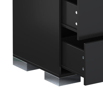 Elegant Nightstand with Metal Foot, Mirrored Bedside Table with 2 Drawers for Bedroom, Living Room, Black