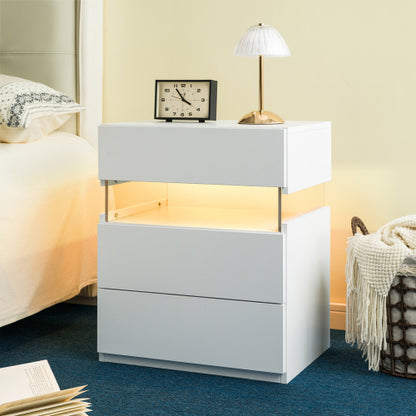 LED Nightstands 3 Drawer Dresser for Bedroom End Table with Acrylic Board LED Bedside Tables for Bedroom Living Room Bedside Furniture (White)