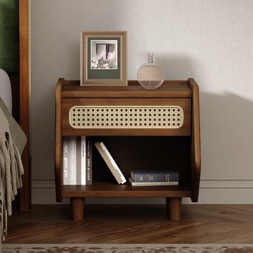 Walnut Nightstand with Rattan Detail, MDF + Solid Wood, Modern Bedroom Storage, Open Shelf & Drawer, Indoor Furniture