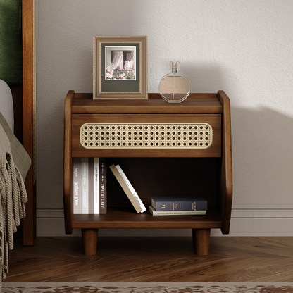 Walnut Nightstand with Rattan Detail, MDF + Solid Wood, Modern Bedroom Storage, Open Shelf & Drawer, Indoor Furniture