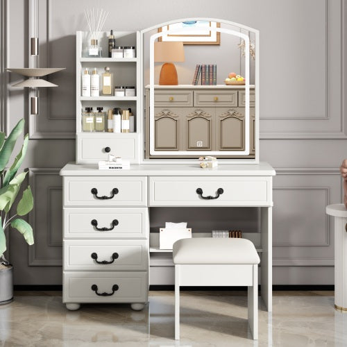 White Makeup Vanity Table with Mirror & Lights, 3 Color LED, 6 Drawers, Tabletop Shelf, Side Shelves & Sliding Glass Door
