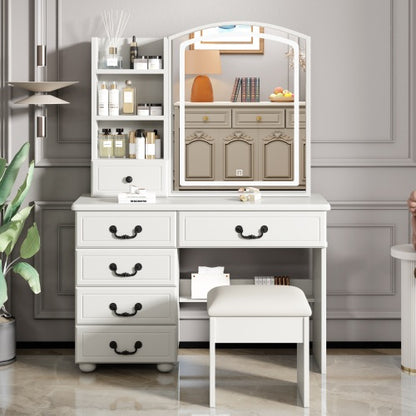 White Makeup Vanity Table with Mirror & Lights, 3 Color LED, 6 Drawers, Tabletop Shelf, Side Shelves & Sliding Glass Door