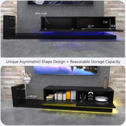 70 Inch Black Modern LED TV Stand Built-In Power Strip Tempered Glass Media Console for 75 Inch TV