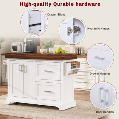 53 Inch Rolling Kitchen Island with Thick Top Drawers & Spice Rack White