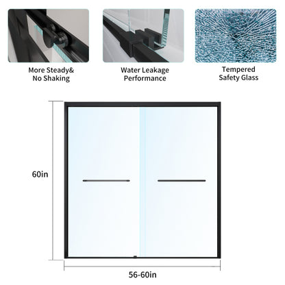 56-60*60 INCH Frame Double Sliding soft-close Shower Doors, Bathroom Sliding Shower Door, (6mm) Thick SGCC Tempered Glass Door For Bathroom Door ,Matte Black