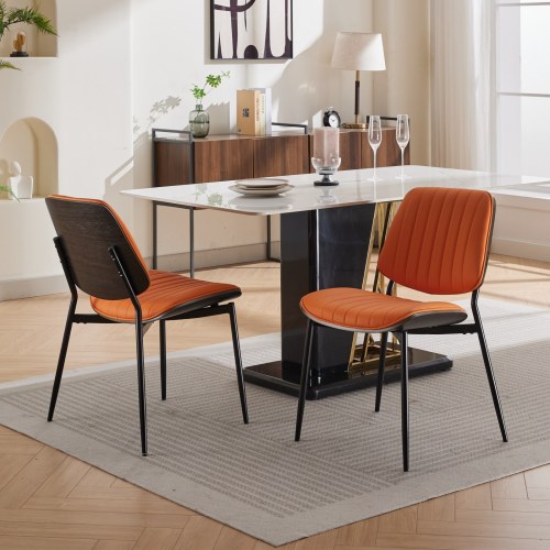 Mid-Century Modern Dining Chairs Set of 2, Orange PU Upholstered Chair with Walnut Bentwood Back & Metal Legs